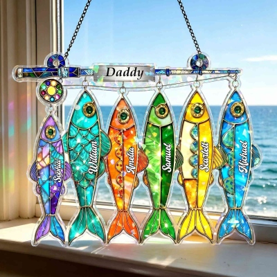 Personalized Names Stained Glass Fishing Papa Suncatcher, Colorful Acrylic Window Hanging, Home Decor, Father’s Day Gift for Fisherman Dad/Grandpa