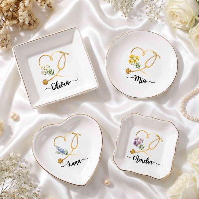 Personalized Birth Flower Heart Stethoscope Jewelry Dish with Name, Circle/Square/Heart Ceramic Class of 2026 Trinket Tray, Graduation Gift for Nurses