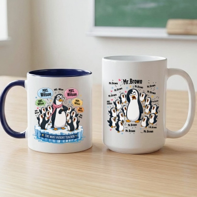 Personalized Name Penguin Teacher Mug, 11oz/15oz Two Tone Ceramic Coffee Tea Mug with Coaster, Graduation/Appreciation/Teachers’ Day Gift for Teachers