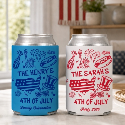 Personalized Fourth of July Can Cooler Sleeve with Name, Family Reunion Koozie, Party Drink Sleeve, Independence Day Gift for Americans