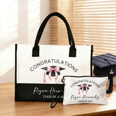 Personalized Name & Year Graduation Cap Bag Set, Canvas Tote Bag & Linen Makeup Pouch with Wristlet, Graduation Gift for Her/Daughters/Sisters