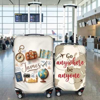 Personalized Name World Map Travel Themed Luggage Cover, Suitcase Protector Wrap, Travel Accessory, Birthday/Vacation Gift for Travel Lovers