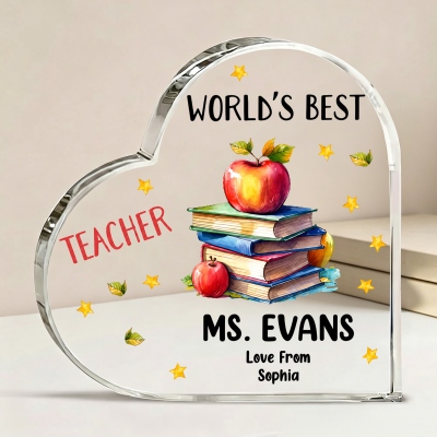 Personalized Names World's Best Teacher Heart-Shaped Acrylic Plaque, Apples & Books Design Desk Decor, End of Year/Appreciation Gift for Teachers