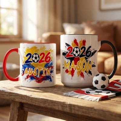 Personalized Name Colorful Graffiti 2026 Football Mug, 11oz/15oz Two Tone Ceramic Coffee Tea Mug with Coaster, Gift for Football Players/Soccer Lovers