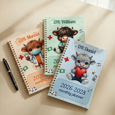 Personalized Name Cartoon Medical Highland Cow Planner 2026-2028, A5 Spiral Notebook with Weekly & Monthly Planning Pages, Gift for Doctors/Nurses
