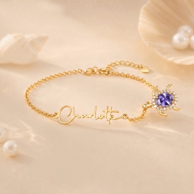 Personalized Sea Turtle Anklet with Name & Birthstone, Sterling Silver 925 Dainty Ocean Jewelry, Birthday/Anniversary Gift for Her/Couple/Besties