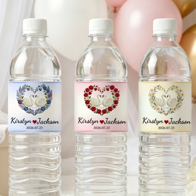 Custom Names & Date Heart Birth Flower Swans Wedding Water Bottle Labels (Set of 20), Bridal Shower/Engagement Party Favor Stickers, Gifts for Couple