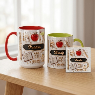 Personalized Name Glazed Shimmer Apples & Books Teacher Mug, 11oz/15oz Two Tone Ceramic Mug with Coaster, Appreciation/Teachers’ Day Gift for Teachers