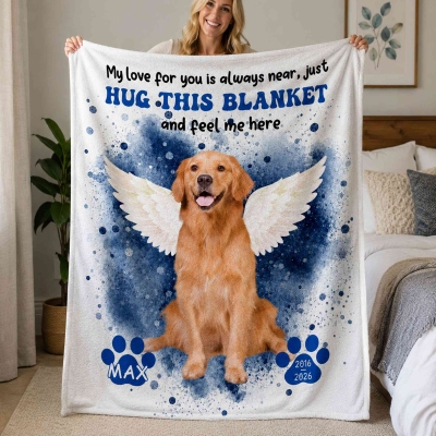 Personalized Name & Years Pet Photo with Angel Wings Blanket, Flannel/Sherpa Bed Couch Throw, Home Decor, Memorial/Pet Loss Gift for Dog/Cat Owners