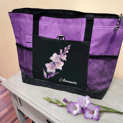 Custom Birth Flower Tote Bag with Name, Large Capacity Zippered Handbag with Mesh Pockets, Travel Outdoor Bag, Birthday/Mother's Day Gift for Her/Mom