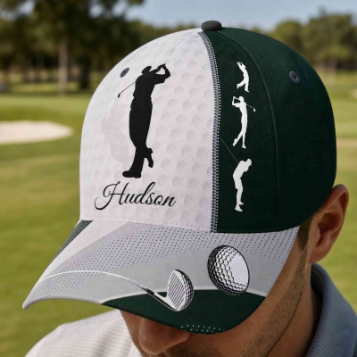 Personalized Name Golfer Swing Silhouette Color Block Baseball Cap, Game Day Adjustable Hat, Father's Day/Birthday Gift for Golf Lovers/Dad/Grandpa