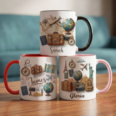 Custom Name World Map Retro Travel Theme Mug, 11oz/15oz Two Tone Ceramic Coffee Mug with Coaster, Birthday/Memorial/Vacation Gift for Travel Lovers