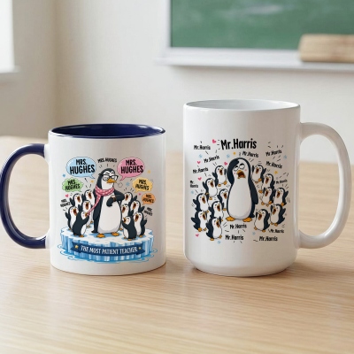 Personalized Name Penguin Teacher Mug, 11oz/15oz Two Tone Ceramic Coffee Tea Mug with Coaster, Graduation/Appreciation/Teachers’ Day Gift for Teachers