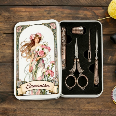 Personalized Birth Flower Fairy Embroidery Scissors Kit with Name, European Antique Vintage Sewing Box Set for Travel, Birthday Gift for Tailors/Her