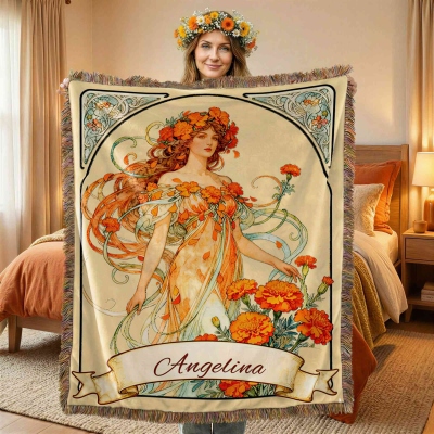 Personalized Name Birth Flower Fairy Art Nouveau Blanket with Tassels, Flannel Bed Couch Throw, Home Decor, Birthday/Mother’s Day Gift for Mom/Grandma