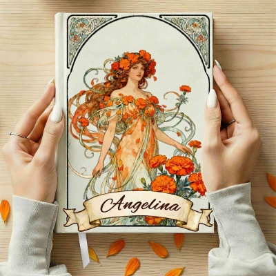Personalized Birth Flower Fairy Art Nouveau Notebook with Name, Multicolor Elegant A5 Hardcover Memory Journal, Birthday Gift for Mom/Friends/Her