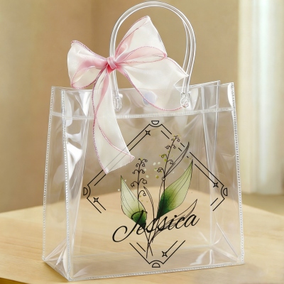 Personalized Name Watercolor Birth Flower Gift Bag with Pink Bow Ribbon, Cute PVC Transparent Bag, Birthday/Wedding Gift for Bridesmaids/Friends/Her
