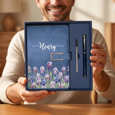 Personalized Name Birth Flower Vegan PU Leather A5 Notebook and Pen Set, Anniversary/Mother's Day/Birthday Gift for Mom/Women/Friends/Writers