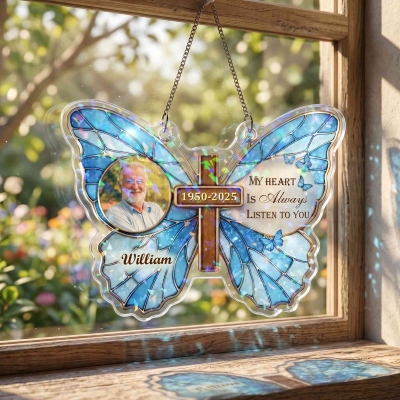 Personalized Photo & Name Cross Butterfly Ornament with Year, In Loving Memory Window Hanging Ornament, Home Decor, Sympathy Gift for Mom/Dad/Family