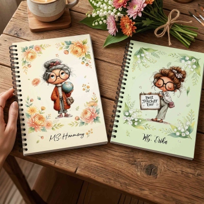 Custom Name Floral Cartoon Teacher Character Notebook, A5 Spiral Journal, Teachers' Day/Back to School/Appreciation Gift for Teachers/Mentors