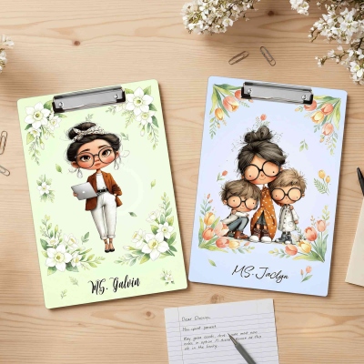 Personalized Name Floral Cartoon Teacher Character Clipboard, School Supplies, Back to School/End of Year/Appreciation Gift for Teachers/Educators