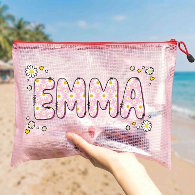 Personalized Multicolor Name Heart Daisy PVC Beach Pool Bag Swimming Pool Use Birthday Gift for Girls Women Friends