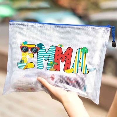 Personalized Summer Theme Doodle Name Transparent Mesh Beach Bag Travel Essential Birthday Gift for Women Friends