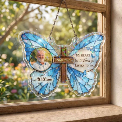 Personalized Photo & Name Cross Butterfly Ornament with Year, In Loving Memory Window Hanging Ornament, Home Decor, Sympathy Gift for Mom/Dad/Family