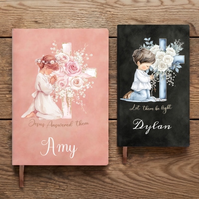 Personalized Praying Boy/Girl Floral Cross Bible Notebook with Name, A5/A6 PU Leather Journal, Christening/First Communion/Birthday Gift for Kids