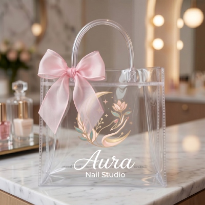 Personalized Nail Atelier Gift Bag with Bow Ribbon with Name & Logo, Elegant PVC Transparent Studio Bag, Memory Gift for Girls/Nail Salon Clients/Her