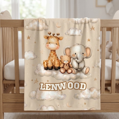 Personalized Cute Clouds Animals Blanket with Name, Soft Flannel/Sherpa Throw for Bed Couch, Nursery Decor, Baby Shower/Birthday Gift for Kids