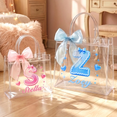 Personalized Name Sweet Heart Bow Alphabet Gift Bag with Bow Ribbon, PVC Transparent Bag, Birthday/Wedding Gift for Women/Girls/Bridesmaids