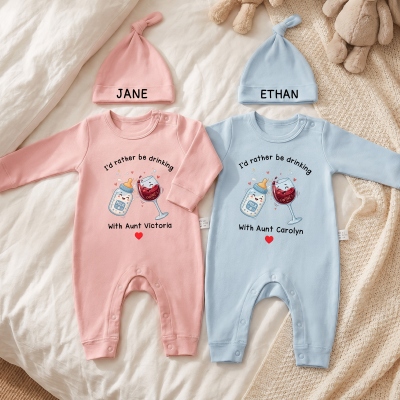 Custom Name Funny I'd Rather Be Drinking Baby Bodysuit with Hat, 100% Cotton Jumpsuit Set, Infant Coming Home Outfit, Baby Shower Gift for Newborns
