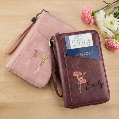 Personalized Name Vintage Birth Flower PU Leather Passport Holder Wallet with Wrist Strap, Travel Accessory, Birthday Gift for Family/Friends/Her