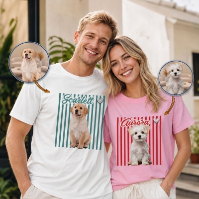 Personalized Pet Photo Heart Striped T-shirt/Sweatshirt with Name, Multicolor Crewneck Top, Pet Loss/Memorial/Birthday Gift for Pet Lovers/Owners