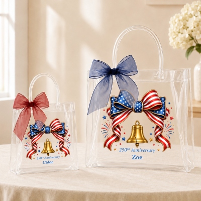Custom Name Stars and Stripes Bow with Liberty Bell Gift Bag with Bow Ribbon, 250th Anniversary PVC Clear Bag, Independence Day Gift for Americans