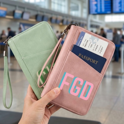 Custom Name Contrast Color Monogram PU Leather Passport Wallet with Wrist Strap, Travel Compact RFID Blocking Clutch, Birthday Gift for Family/Mom/Her
