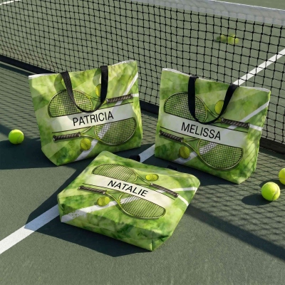 Personalized Tennis Racket & Ball Design Tote Bag with Name, Large Capacity Sporty Handbag, Gym/Court Use Gift for Tennis Players/Teammates/Coaches