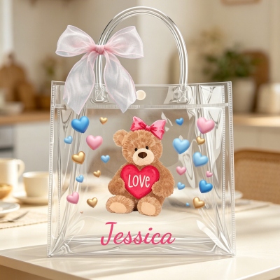 Personalized Name Cute Teddy Bear Clear Gift Tote Bag with Bow Ribbon, PVC Reusable Children's Classroom Exchange Goodie Bag, Valentine Gift for Kids