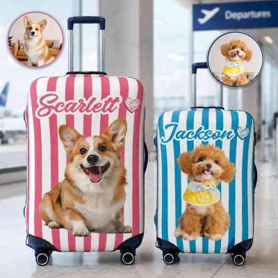 Personalized Name Pet Photo Heart Striped Luggage Cover, Suitcase Protector Wrap, Travel Accessory, Birthday/Memorial Gift for Pet Lovers/Owners