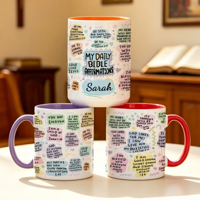 Custom My Daily Bible Affirmations Mug with Name, Cute 11oz/15oz Two Tone Ceramic Coffee Mug with Coaster, Faith Keepsake, Birthday Gift for Christians
