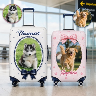 Personalized Name Pet Photo Bow Frame Luggage Cover, Suitcase Protector Wrap, Travel Accessory, Birthday/Anniversary Gift for Pet Lovers/Owners