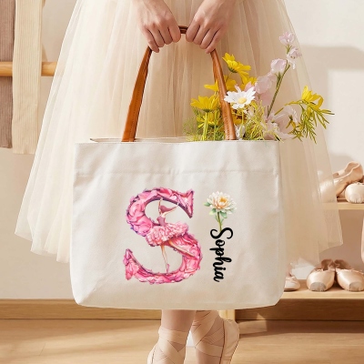 Personalized Ballerina Birth Flower Initial Canvas Tote Bag with Name, Floral Large Capacity Ballet Dancer Handbag, Birthday Gift for Dancers/Girls