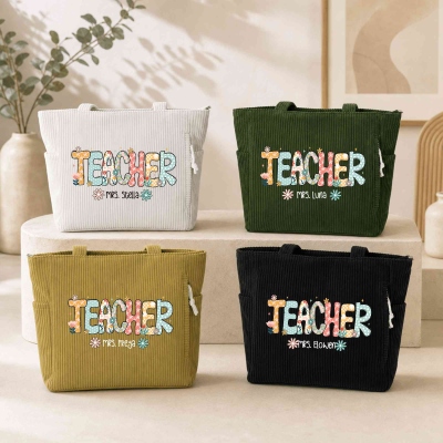 Custom Name Floral Polka Dotted Teacher's Corduroy Tote Bag, Large Capacity Zippered Commuter Handbag with Pockets, Appreciation Gift for Teachers
