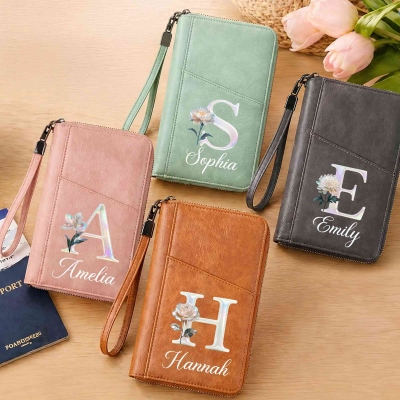 Custom Name Mother of Pearl Effect Initial Birth Flower Leather Passport Holder Wallet with Wrist Strap, Travel Accessories, Birthday Gift for Women