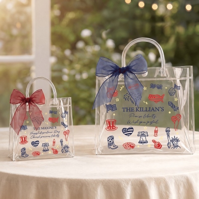 Personalized Name Patriotic Theme Gift Bag with Bow Ribbon, 4th of July Celebration Party PVC Transparent Bag, Independence Day Gift for Americans