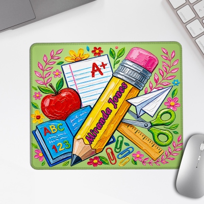 Personalized Flower Pencil Apple Teacher's Mouse Pad with Name, Non-slip Computer Laptop Desk Mat, Back to School/Appreciation Gift for Teachers