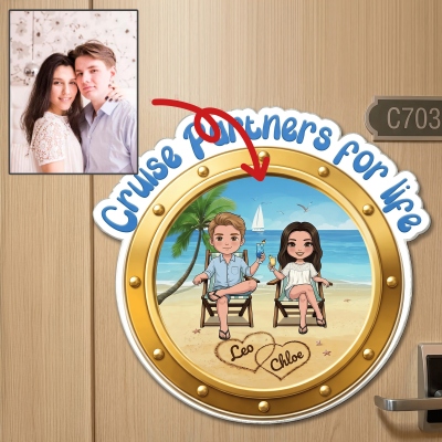 Personalized Cartoon Character Design Photo Cruise Fridge Magnet with Name, Cruise Cabin Door/Home Decor, Birthday/Summer/Travel Gift for Couple