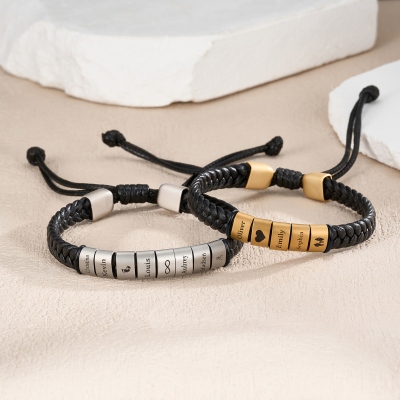 Personalized Engraved Braided Leather Men's Bracelet with Name, Adjustable Matte Family Bead Bracelet, Father's Day/Birthday Gift for Dad/Husband/Him