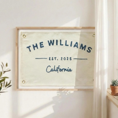 Custom Minimal Family Name Canvas Banner, Natural Embroidery Established Year Wall Flag, Living Room Entryway Decor, Housewarming Gift for Family